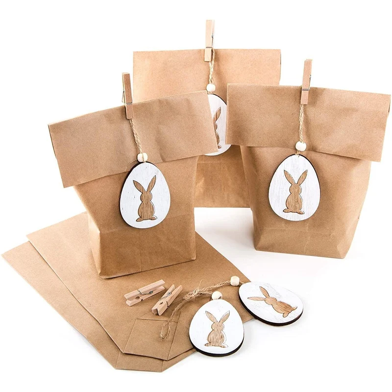 Logbuch-Verlag 10 x kleine Osternest Verpackung Ostertüte Papier + 10 Osteranhänger Osterhase Frohe Ostern Hänger Deko Anhänger Osterdeko Natur braune Papiertüten mit Boden
