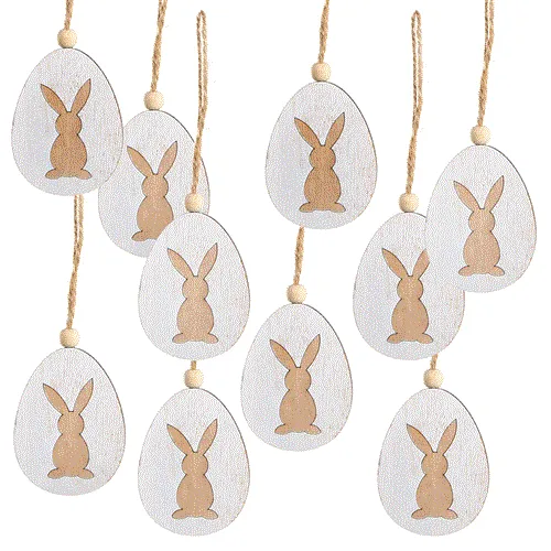 Logbuch-Verlag 10 Holz Osteranhänger Osterei Osterdeko Osterhase Holz 7 cm mit Schnur zum Aufhängen Weiss braun Natur Osterhänger Ostern Deko Geschenkanhänger