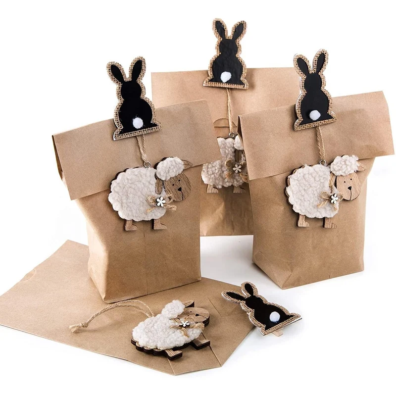 Logbuch-Verlag 4er Set Ostern Verpackung: Papierbeutel braun 16 x 26 cm + Osterhase Klammer schwarz + Schaf Anhänger Holz für Kinder als Nest Osterdeko Kunden give-Away