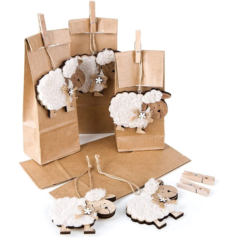 Logbuch-Verlag 5 x kleine Ostertüte Kraftpapier braun Beschichtung 7 x 4 x 20,5 cm Ostern Verpackung + Schaf Holzanhänger Klammer Osternest Kinder Geschenk Osterdeko Kunden Give-Away Deko