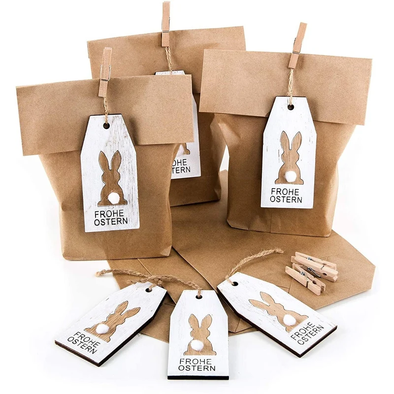 Logbuch-Verlag 6 x Osternest Tüte aus Papier aus Papierbeuteln mit Osteranhänger Hase Holz Geschenkanhänger als Verpackung für Ostergeschenke - Kinder Mitarbeiter Kunde