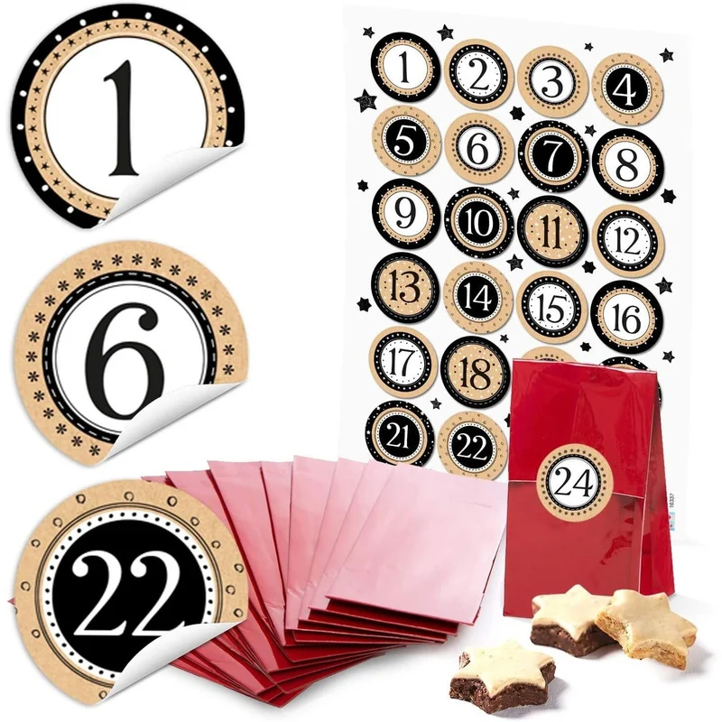 24 kleine rote Kraftpapier Papiertüten Boden-Beutel mit Pergamin 7 x 4 x 20,5 cm + 1 bis 24 Zahlen Aufkleber STERNE beige schwarz weiß basteln befüllen Advents-Kalender Weihnachten bio
