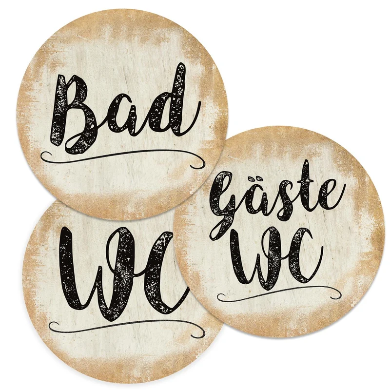 Badezimmer Türschild gold Set „Bad“ + „Gäste WC“ + „WC“ (15,5 cm) mit Klebepads