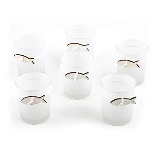 Logbuch-Verlag 6 Maritime Teelichthalter weiß transparent mit Fisch - Windlichtgläser Tischdeko kleines Geschenk Taufe Kommunion Hochzeit