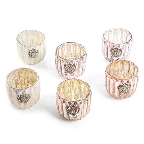 Logbuch-Verlag 6 Teelichtgläser Pastellfarben rosa weiß Creme Perlen Teelichthalter aus Glas glänzend Pastell Tischdeko Hochzeit Hochzeitsdeko edel Vintage