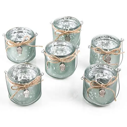 6 maritime Teelichthalter als Glas - mit Henkel - mit Fisch grün silber