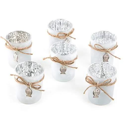 Logbuch-Verlag 12 Teelichtgläser weiß maritim mit Fisch Silber Teelichthalter aus Glas Tischdeko Tischschmuck Geburt Taufe Kommunion Badezimmer Deko