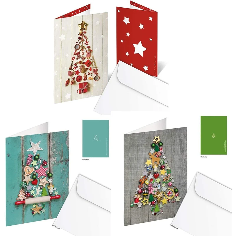 3 x 3 Stück Weihnachtskarten Karten Weihnachten WEIHNACHTS-BAUM rot grün blau MIT KUVERT Klapp-Karten weihnachtlich - ohne Text - bedruckbar Christbaum Foto-karte blanko neutral