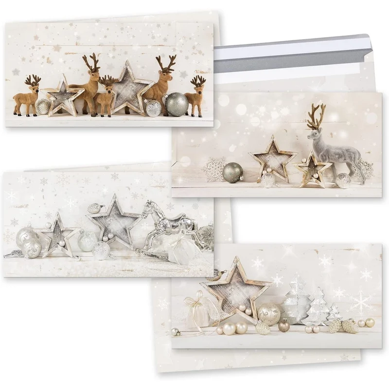 Weihnachtskarten-SET 2019 4 Stück weiß gold silber grau natürliche weihnachtliche Karten Rentier Hirsch Shabby chic DIN lang MIT KUVERT exklusiv besonders schön