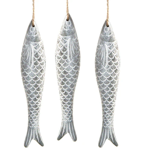3 große graue Fische in 18 x 4 x 2,8 cm aus Beton - mit Band zum Aufhängen