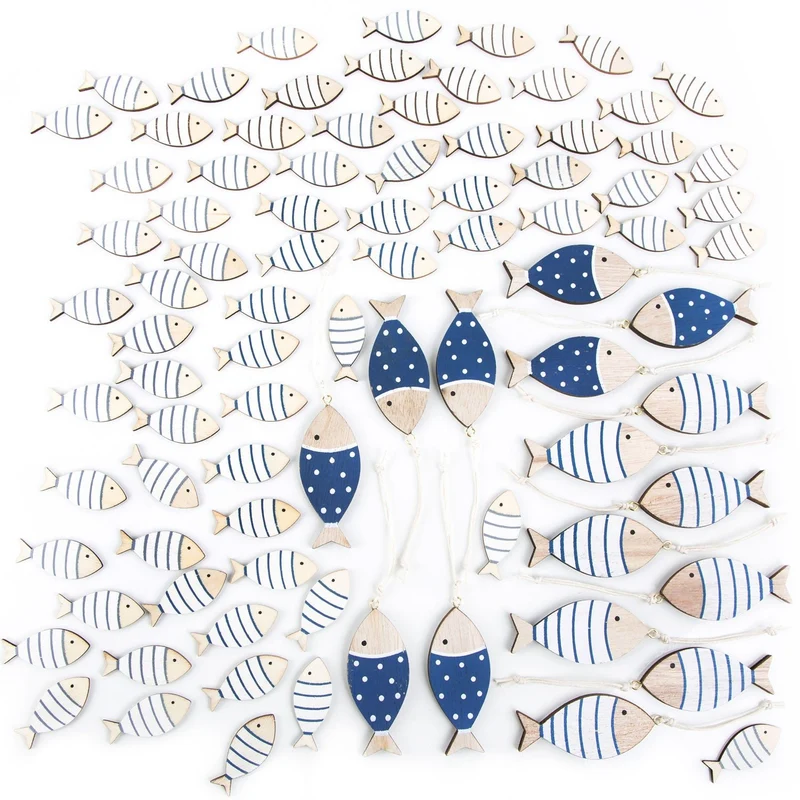 72 Mini Streudeko Fische 4 cm + 16 Fische Anhänger 7 cm blau weiß Natur