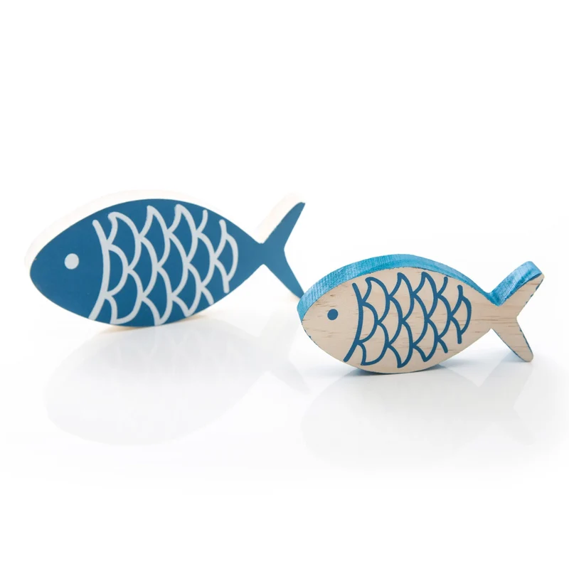 2 maritime Holzfische - 13 x 6 cm + 10 x 5 cm - blau weiß natur zum Hinstellen