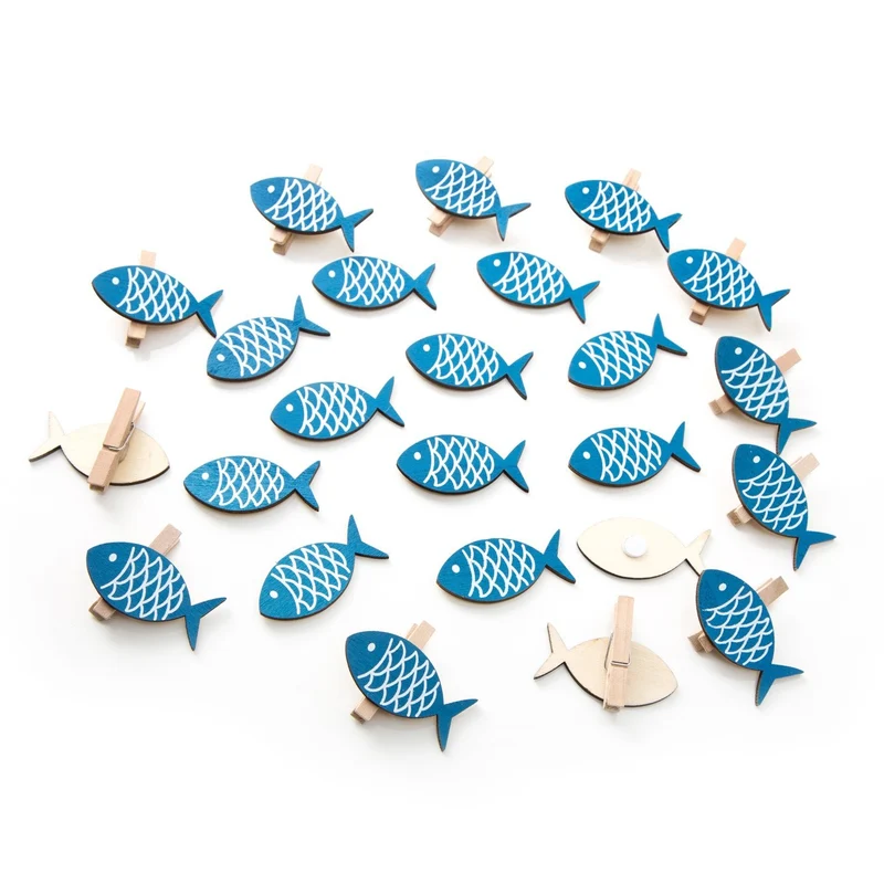 Deko Set aus Holz blau weiß - 12 kleine Fische mit Klebepunkt & 12 Fische auf Klammer - 5,0 + 5,5 cm