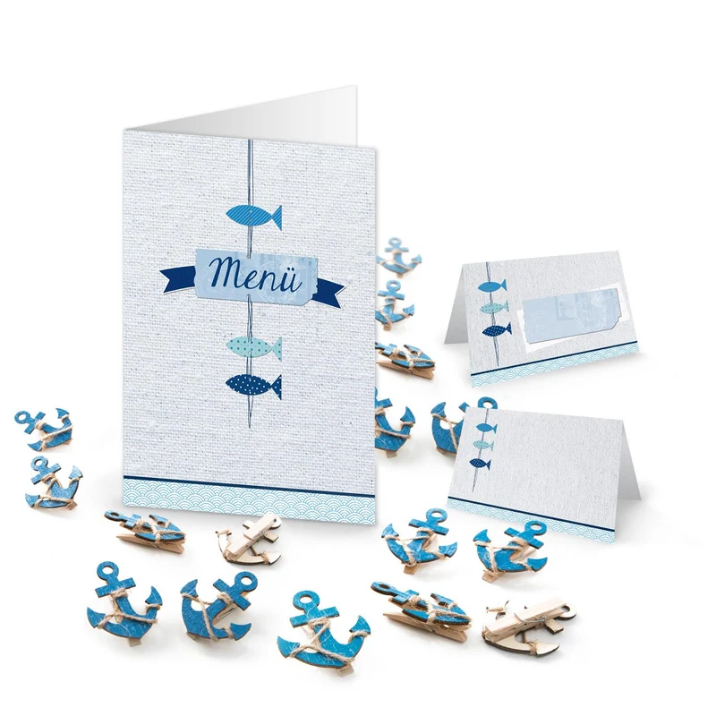 59 Teile Tisch-Deko-Set in blau, weiß türkis maritim mit Fische: 10 Menükarten + 25 Tischkarten + 24 Mini-Klammer Dekoklammer Schiffs-Anker zur Taufe Hochzeit Geburtstag Feste