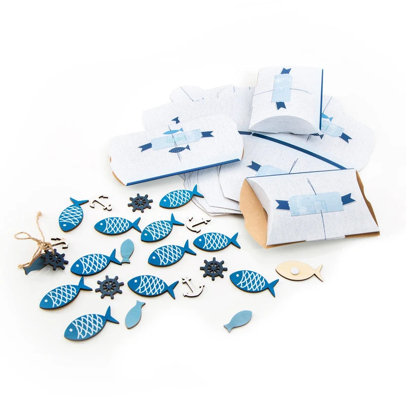34 Teile Set maritime Tisch-Deko: 10 kleine Geschenkboxen blau weiß türkis + 12 Stück Deko-STREU FISCHE mit Klebepunkt + 12 mini STREU-Teile Fische, Anker, Steuerrad zur Taufe, Kinder-Geburtstag, …