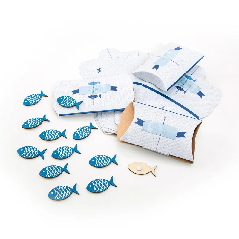 22 Teile Set maritime Tisch-Deko: 10 kleine Geschenkboxen blau weiß türkis + 12 Stück Deko-STREU FISCHE mit Klebepunkt zur Taufe, Kommunion, Kinder-Geburtstag, Hochzeit
