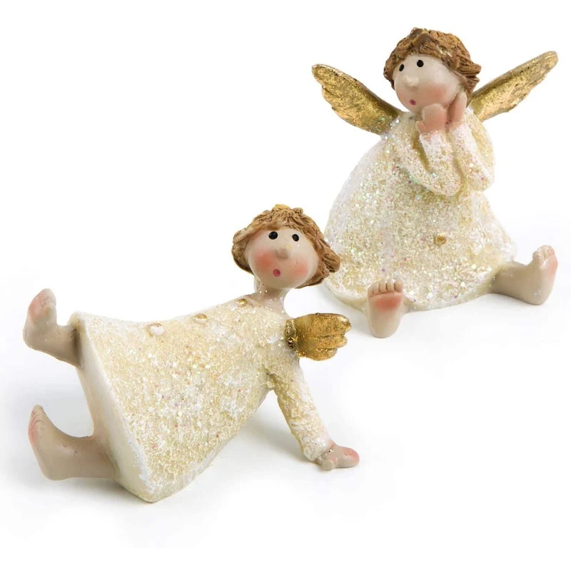 Weihnachtsdeko 2 Engel Figuren Gold glitzernd 7 cm - Schutzengel Figuren kleines Geschenk Weihnachten