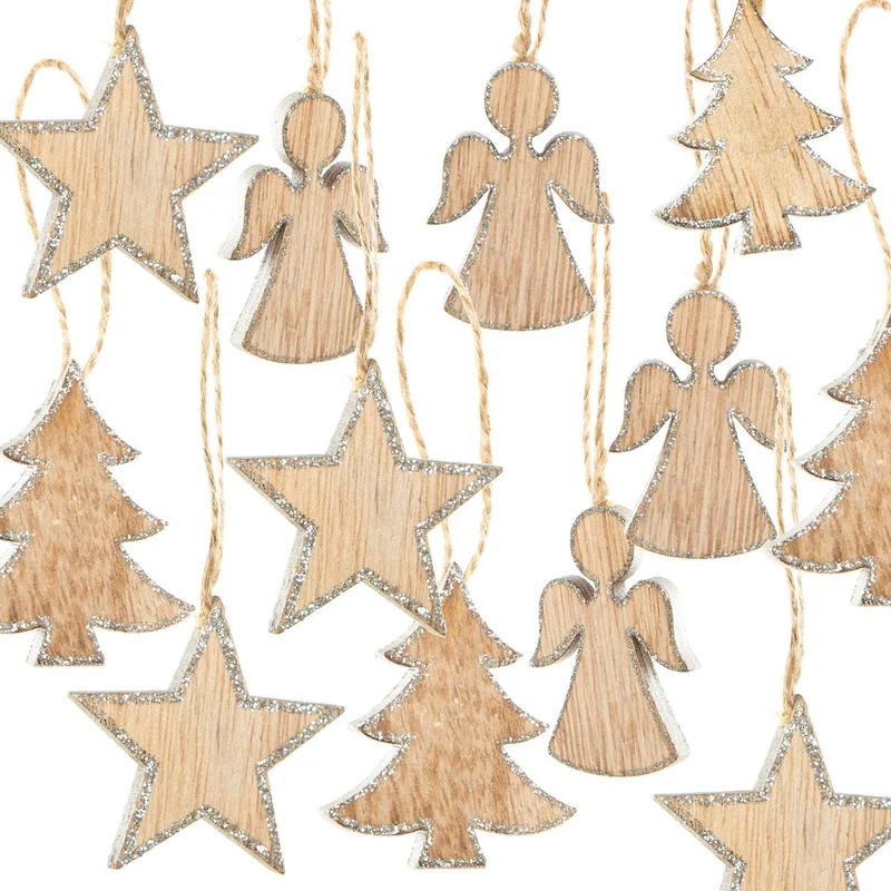 2 x 12 kleine Holz Weihnachtsanhänger 5 cm BAUM ENGEL STERN natur Glitzer SILBER Baumschuck Christbaumanhänger Anhänger Weihnachts-Deko Christbaumschmuck Baum-Behang