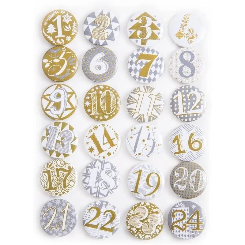 Adventskalenderzahlen Buttons beige silber gold - Zahlen Pins für einen DIY Adventskalender
