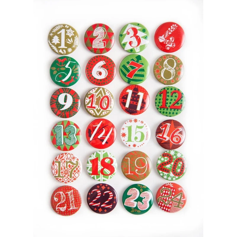 24 Adventskalender Buttons aus Blech mit Zahlen 1 - 24 - rot grün - Adventskalenderzahlen