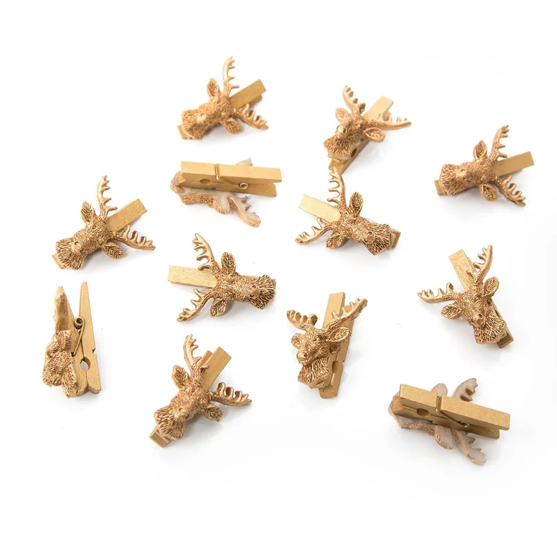 12 Stück kleine gold farbene Hirsch Dekoklammern Geweih jagdlich Zierklammern Hirschkopf Jagd Weihnachten Dekoration mini Wäscheklammern Holzklammern Deko Klammern für alle Feste - edel