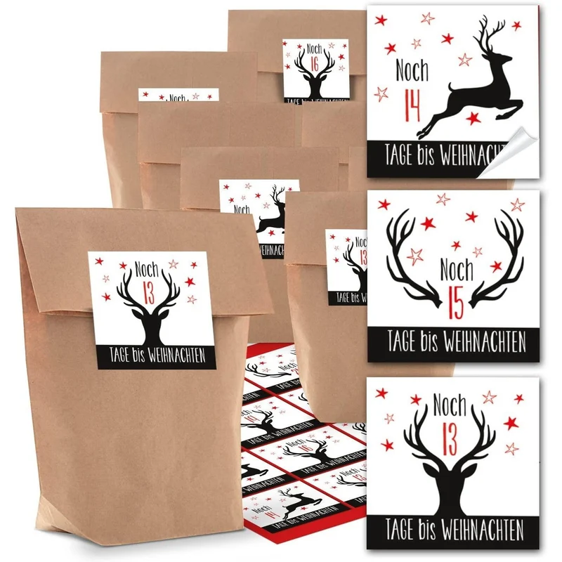 24 kleine braune Kraftpapier Papiertüten + 24 Stück rot schwarz weiße HIRSCH Aufkleber