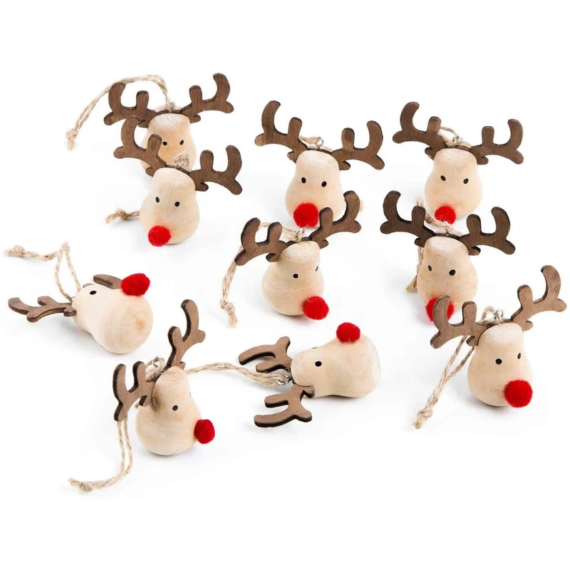 10 Rentier Anhänger aus Holz 6 cm - Rentieranhänger mit Geweih & roter Nase - Geschenkanhänger