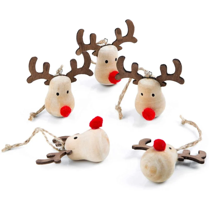 Logbuch-Verlag 5 Rentier Anhänger aus Holz 6 cm - Rentieranhänger mit Geweih & roter Nase - Geschenkanhänger Baumbehang Weihnachten