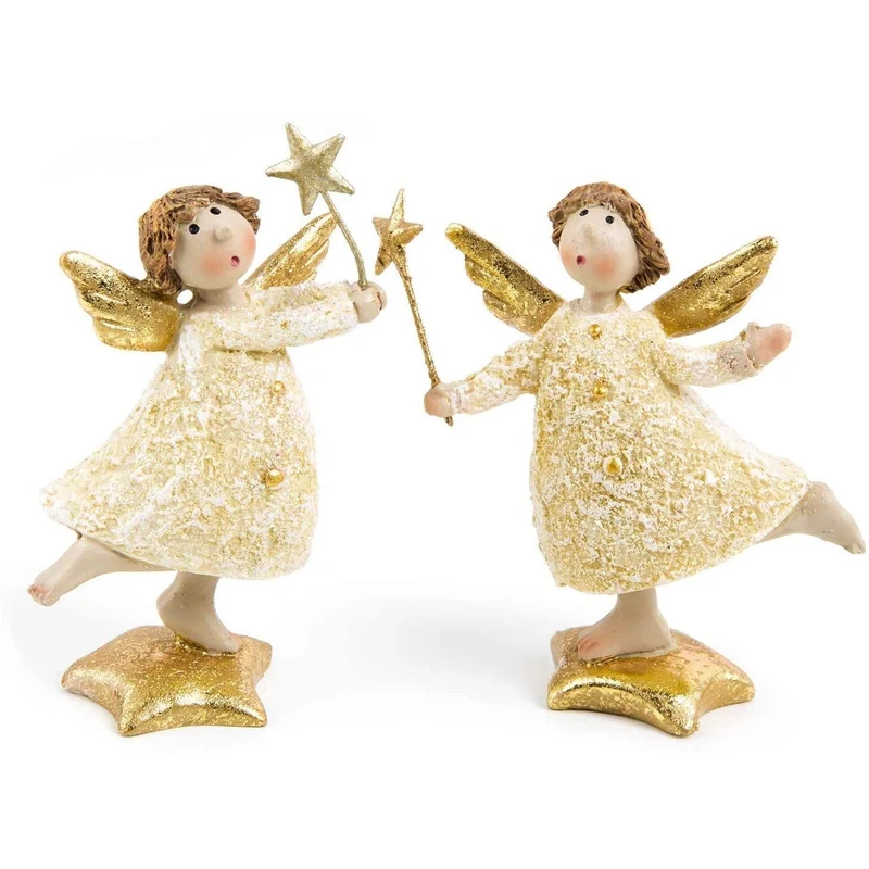 2 Engel Figuren Gold glitzernd stehend mit Stern 10 cm - Engelfiguren als Schutzengel Geschenk