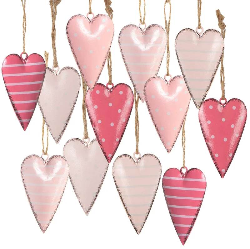 Herzanhänger zum Aufhängen rosa weiß grau aus Metall - Herzanhänger 7 cm - 12 Stück