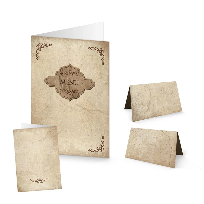 35 Teile Tisch-Deko Set: 10 Menükarten + 25 Tischkarten Platzkarten hell-braun beige natur vintage Nostalgie für 25 Gäste alter Look Namenskarten Hochzeit Geburtstag Weihnachten festlich edel