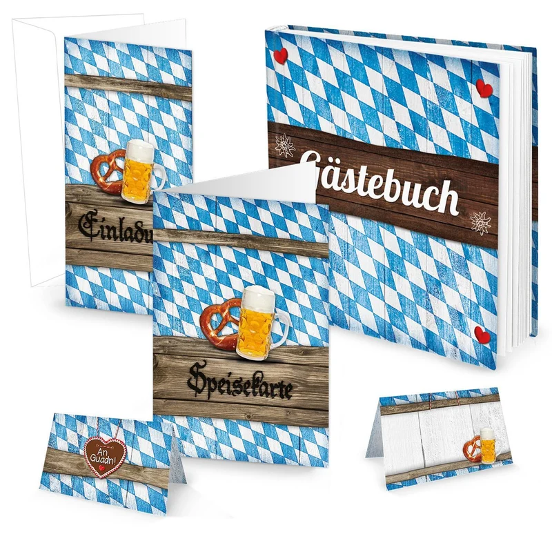 Großes Tisch-Deko-Set zum OKTOBERFEST in blau-weiß-kariert: 25 Einladungen + 32 Tischkarten + 12 Menü-Speise-Karten + 1 Gästebuch … bayerische Hochzeit Feste Geburtstag (25 - 30 Gäste)