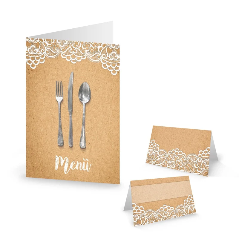 SET: 10 Menükarten + 25 Namensschilder Kraftpapier vintage Spitze Tischkarten weiß beige creme-farben Tischdeko Hochzeit Kommunion Speisekarten Taufe Geburtstag