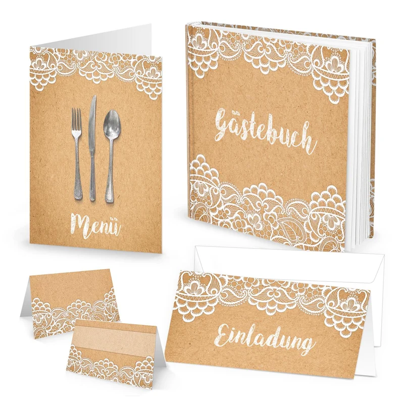 SET: 10 Menükarten + 25 Tischkarten Kraftpapier vintage Spitze PLUS GÄSTEBUCH + 10 EINLADUNGSKARTEN weiß beige creme-farben Tischdeko Hochzeit Kommunion Taufe Geburtstag