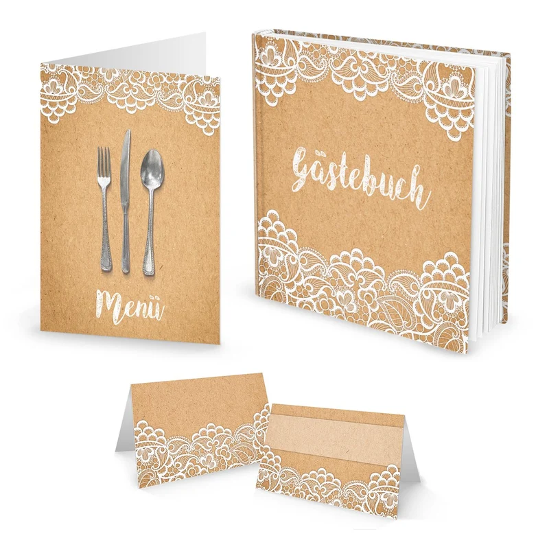 SET: 10 Menükarten + 25 Tischkarten Kraftpapier vintage Spitze PLUS GÄSTEBUCH weiß beige creme-farben Tischdeko Hochzeit Kommunion Speisekarten Taufe Geburtstag