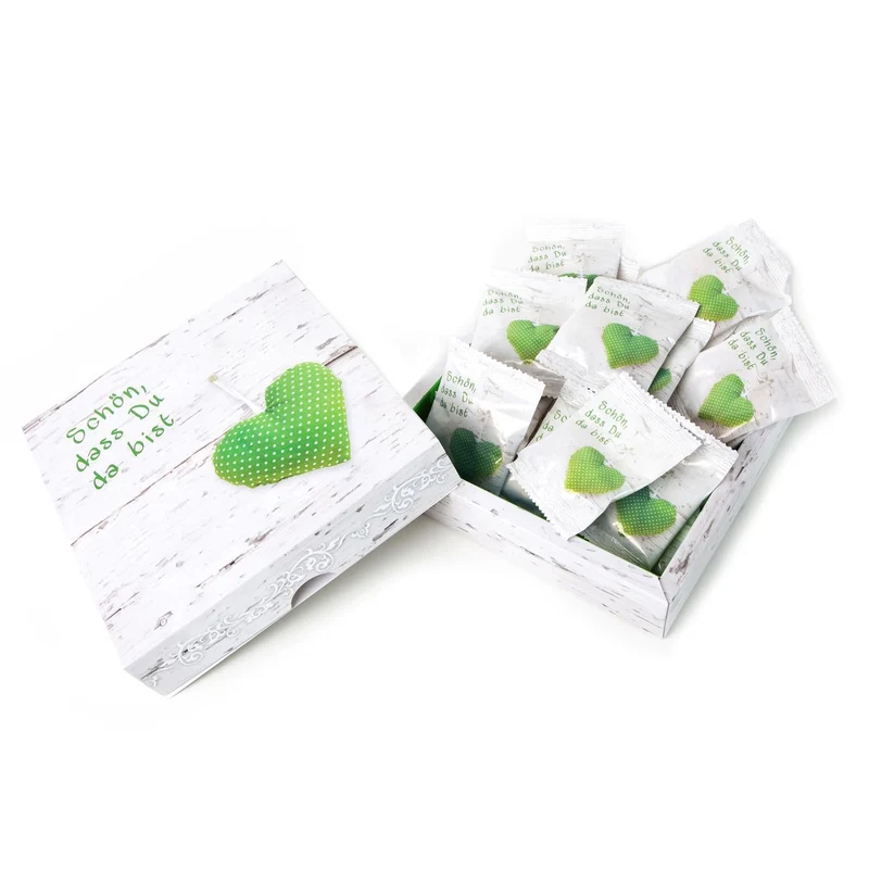 Geschenkkarton Schön, dass du da bist grün gepunktet mit 25 Mini-Tüten Fruchtgummi