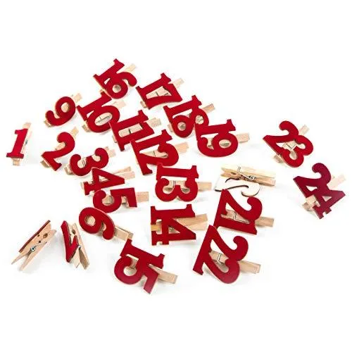 Logbuch-Verlag 24 Adventskalenderzahlen Klammern rot natur aus Holz mit Filz Holzklammern DIY Adventskalender Deko Verpackung Basteln Adventskalender-Tüten verschließen