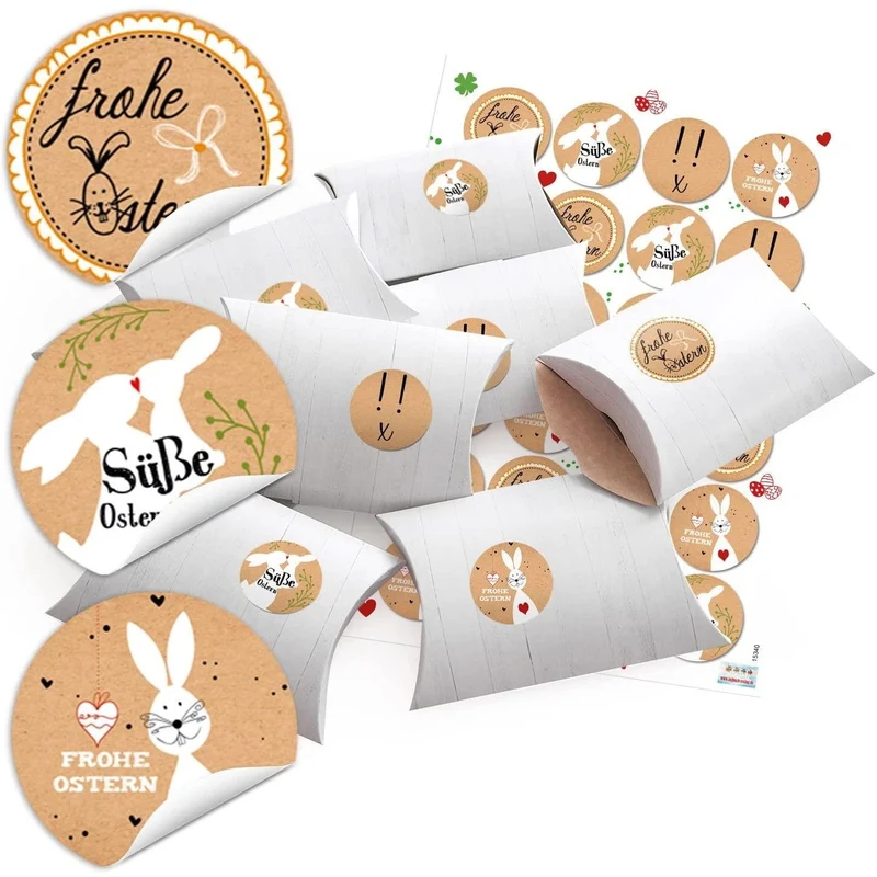 10 kleine Geschenkboxen Geschenk Schachteln Kartons Holz Optik weiß 14,5 x 10,5 cm 3 cm hoch + 24 runde Aufkleber 4 cm Kraftpapier Frohe Ostern Sticker Verpackung schwarz weiß braun