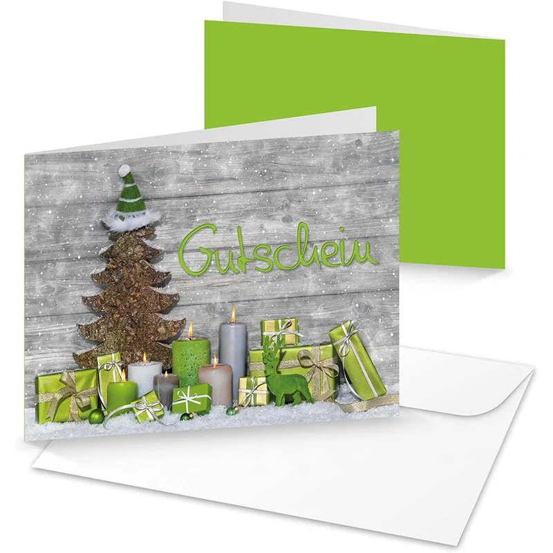 10 Stück Kunden-Gutschein hell-grün grau Weihnachten Text GUTSCHEIN 14,8 x 10,5 cm gold Geschenkgutschein Einkaufsgutschein weihnachtlich Baum Geschenke