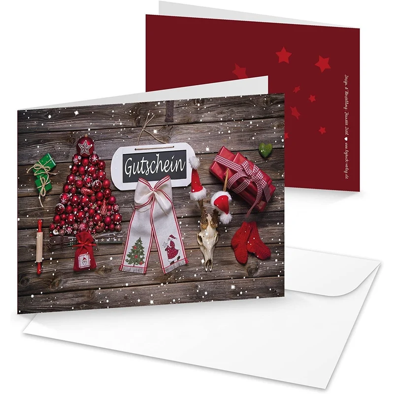 10 Stück Weihnachtsgutschein rot weiß braun grün weihnachtlich Kundengutschein Text GUTSCHEIN Weihnachten 10,5 x 14,8 cm MIT KUVERT Einkaufsgutschein Holz-Optik