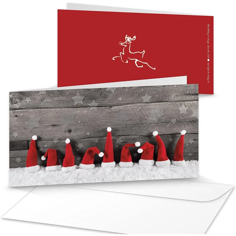 10 Stück DIN lang rot weiß grau Weihnachtskarten MIT KUVERT ohne Text ROTE SANTA WEIHNACHTSMÜTZEN 21 x 10,5 cm aufklappbar weihnachtliche Karten für Kunden Mitarbeiter Geschäftspartner