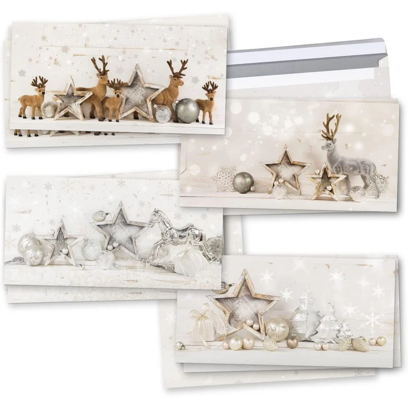 Weihnachtskarten-SET 3 x 4 weiß gold silber grau natürliche weihnachtliche Karten Rentier Hirsch Shabby chic DIN lang MIT KUVERT exklusiv besonders schön