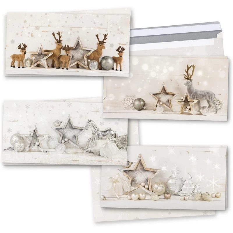 Weihnachtskarten-SET 2 x 4 weiß gold silber grau natürliche weihnachtliche Karten Rentier Hirsch Shabby chic DIN lang MIT KUVERT exklusiv besonders schön