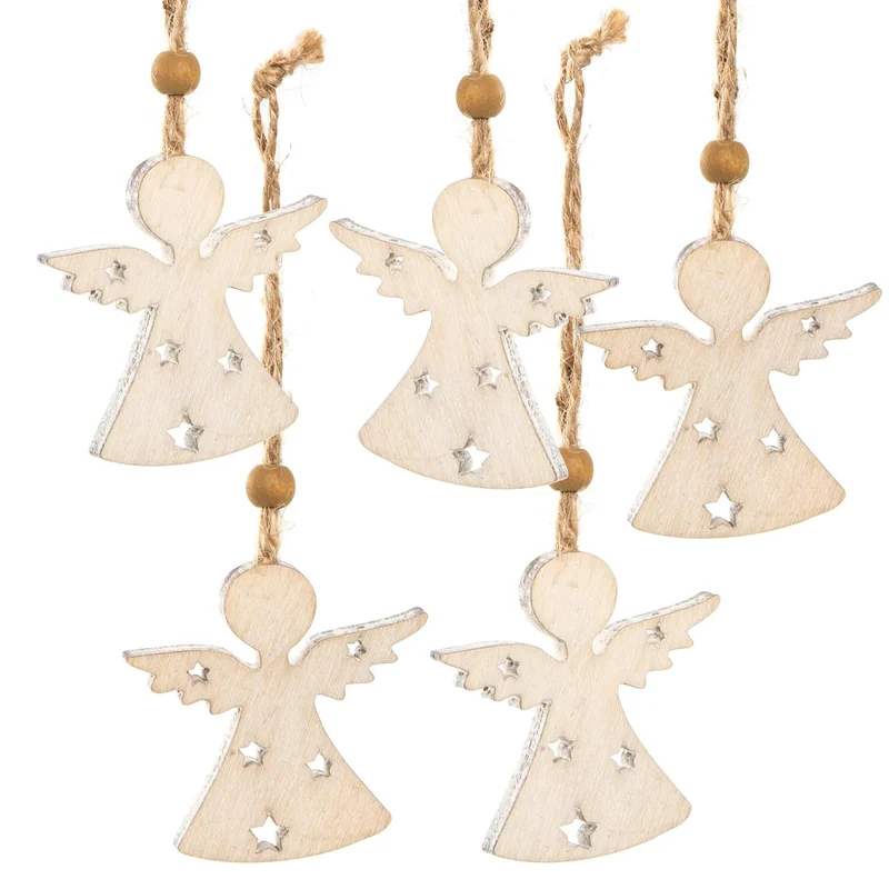 6 kleine Engel Anhänger aus Holz 5 cm mit Sternchen - Schutzengel Weihnachtsengel