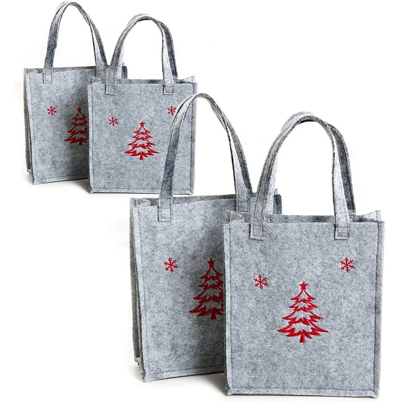 Logbuch-Verlag 4 kleine graue Filztaschen Geschenktaschen Filz Verpackung Weihnachtsgeschenk Weihnachten Weihnachtsverpackung 19 x 16,5 x 4,5 rot bestickt Tannenbaum