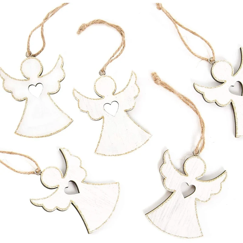 Logbuch-Verlag 5 Weihnachtsanhänger Engel m. Herz Holz weiß Gold Glitzer Geschenkanhänger 7 cm Christbaumschmuck Weihnachtsdeko Baum Fenster Tür Weihnachten