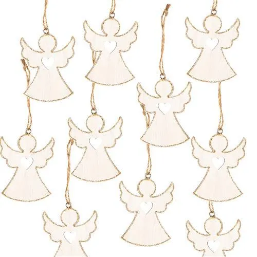 10 Weihnachtsanhänger Engel m. Herz Holz weiß Gold Glitzer Geschenkanhänger 7 cm