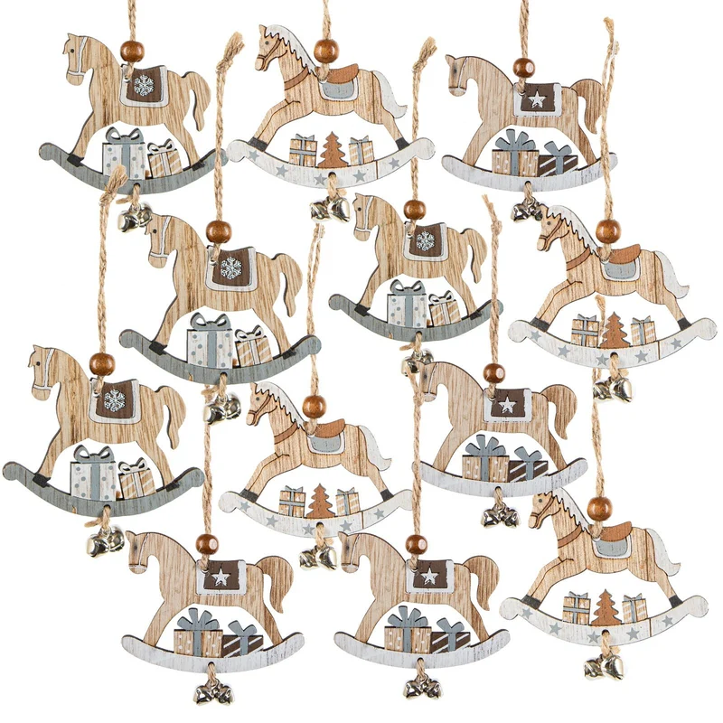 Logbuch-Verlag 12 Schaukelpferd Weihnachtsanhänger 8 cm mit Glöckchen - grau braun weiße Anhänger Weihnachten Christbaumschmuck Baumbehang