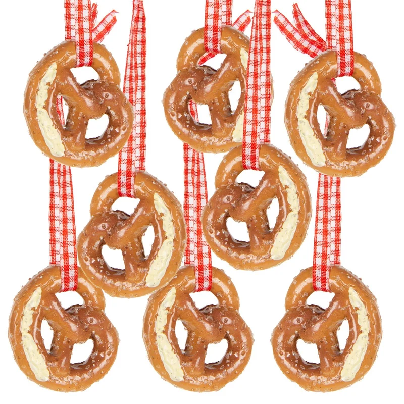 8 Brezel Anhänger mit rot-weißem Band Oktoberfest Partydeko