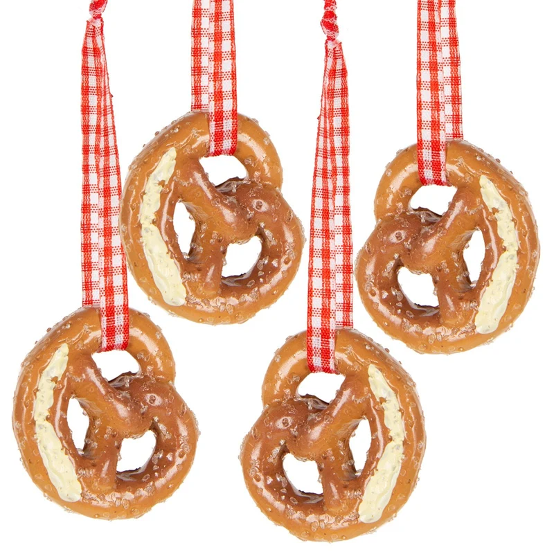 Logbuch-Verlag 4 kleine Mini Brezen Anhänger - Brezenanhänger mit Schnur rot weiß kariert zum Aufhängen Oktoberfest bayerische Deko 4 x 3,5 cm braun weiß